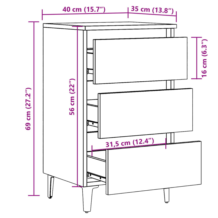 Nachtkastje met metalen poten 40x35x69 cm oud houtkleurig