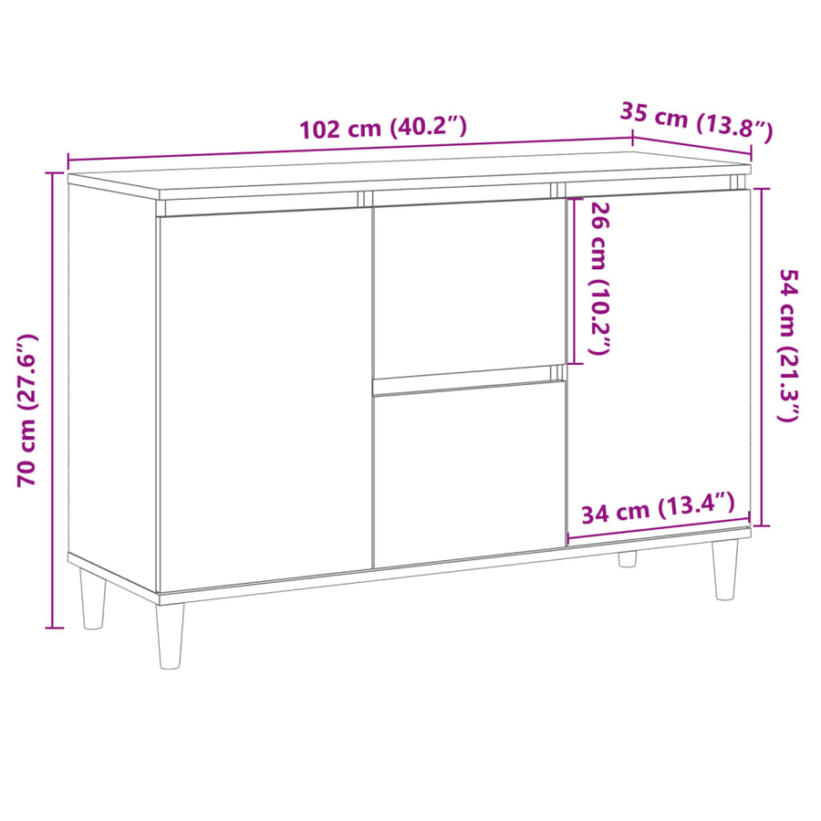 Dressoir 102x35x70 cm bewerkt hout oud houtkleurig