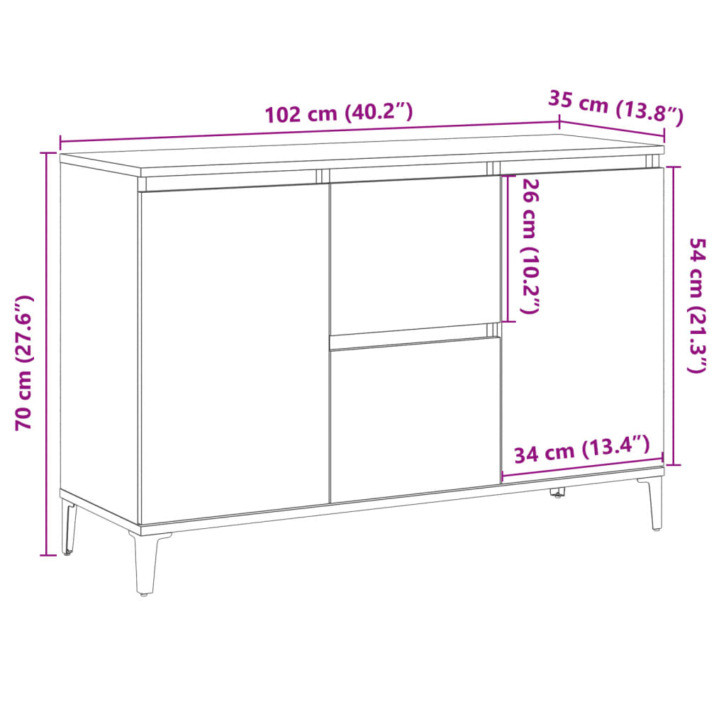 Dressoir 102x35x70 cm bewerkt hout oud houtkleurig