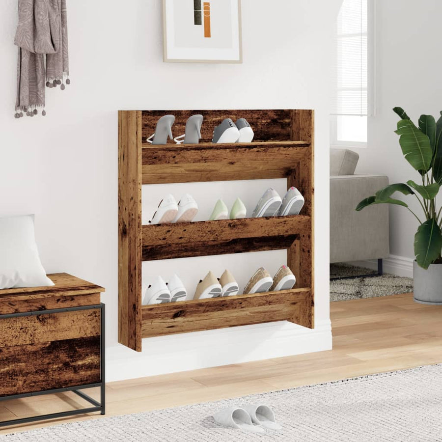 Wandschoenenkast 80x18x90 cm bewerkt hout oud houtkleurig