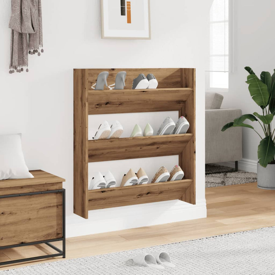 Wandschoenenkast 80x18x90 cm bewerkt hout artisanaal eikenkleur