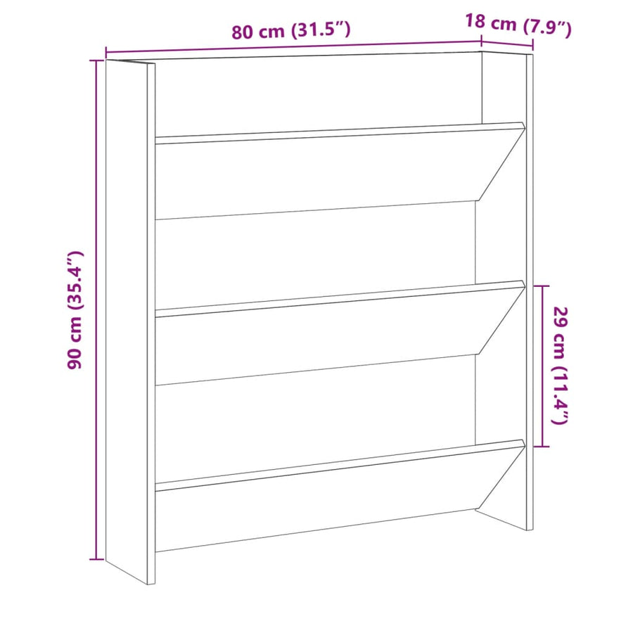 Wandschoenenkast 80x18x90 cm bewerkt hout artisanaal eikenkleur