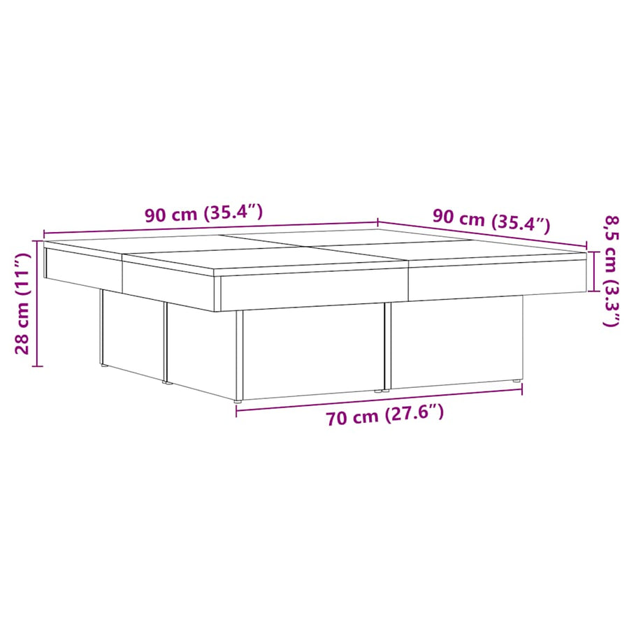 Salontafel 90x90x28 cm bewerkt hout oud houtkleurig