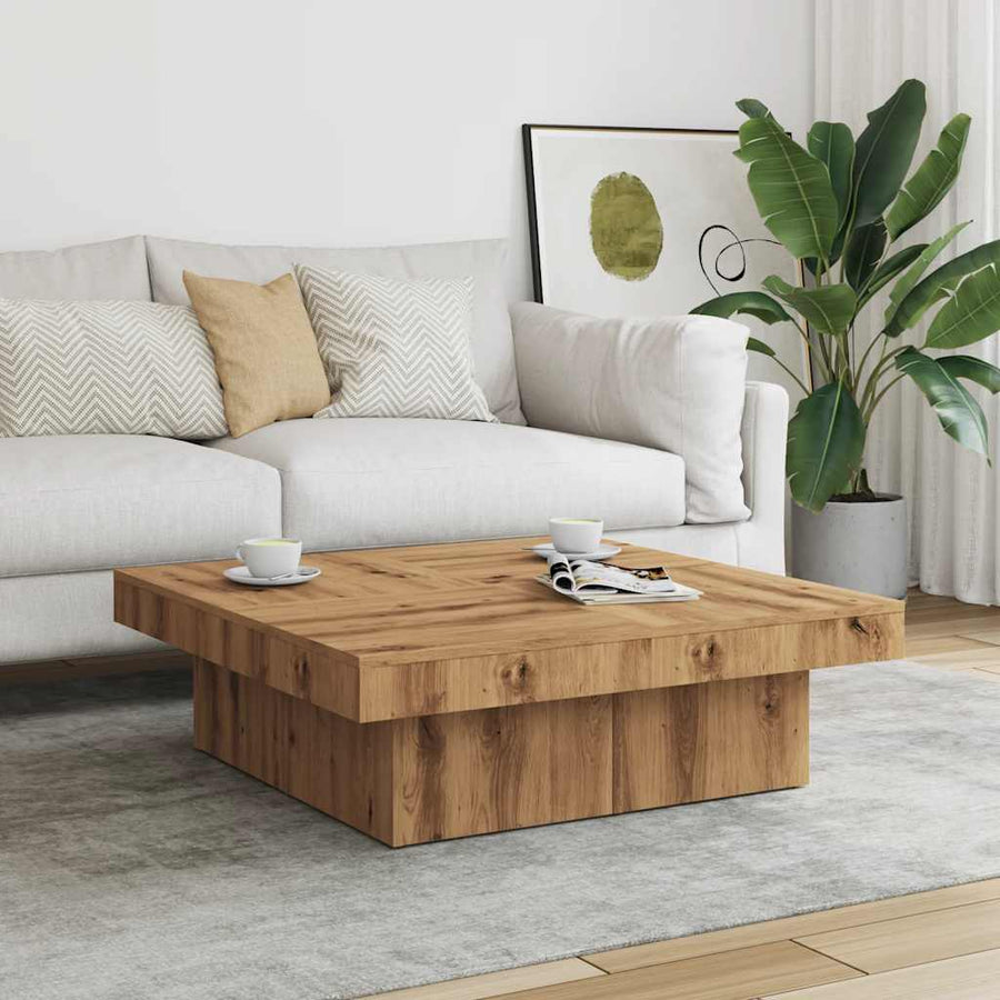 Salontafel 90x90x28 cm bewerkt hout artisanaal eikenkleur