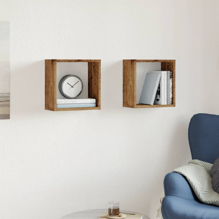 Wandschappen kubus 2 st 30x15x30cm bewerkt hout oud houtkleurig