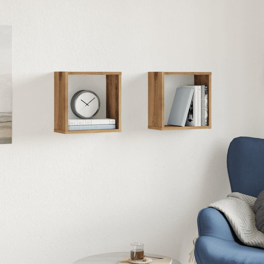 Wandschappen kubus 2st 30x15x30cm bewerkt hout artisanaal eiken