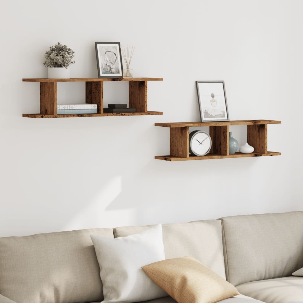 Wandschappen 2 st 75x18x20 cm bewerkt hout oud houtkleurig