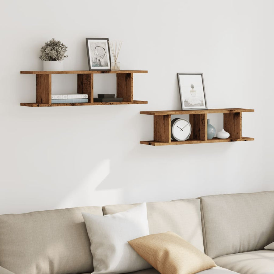 Wandschappen 2 st 75x18x20 cm bewerkt hout oud houtkleurig