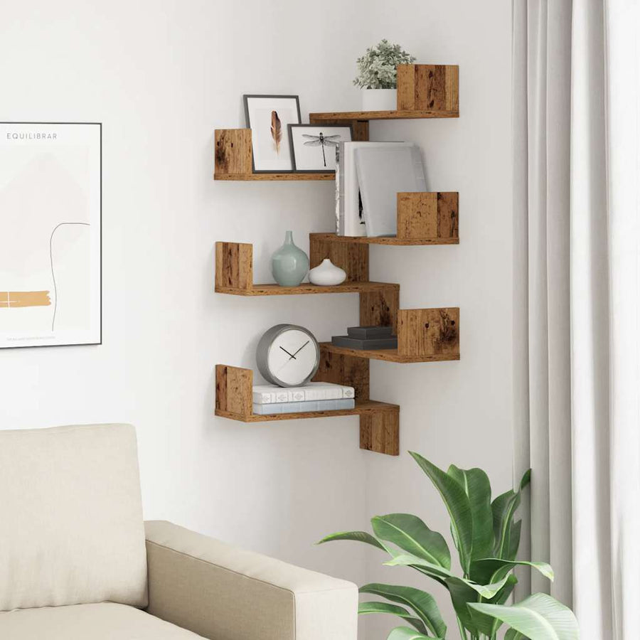 Hoekwandschappen 2 st 40x40x49,5 cm bewerkt hout oud houtkleur