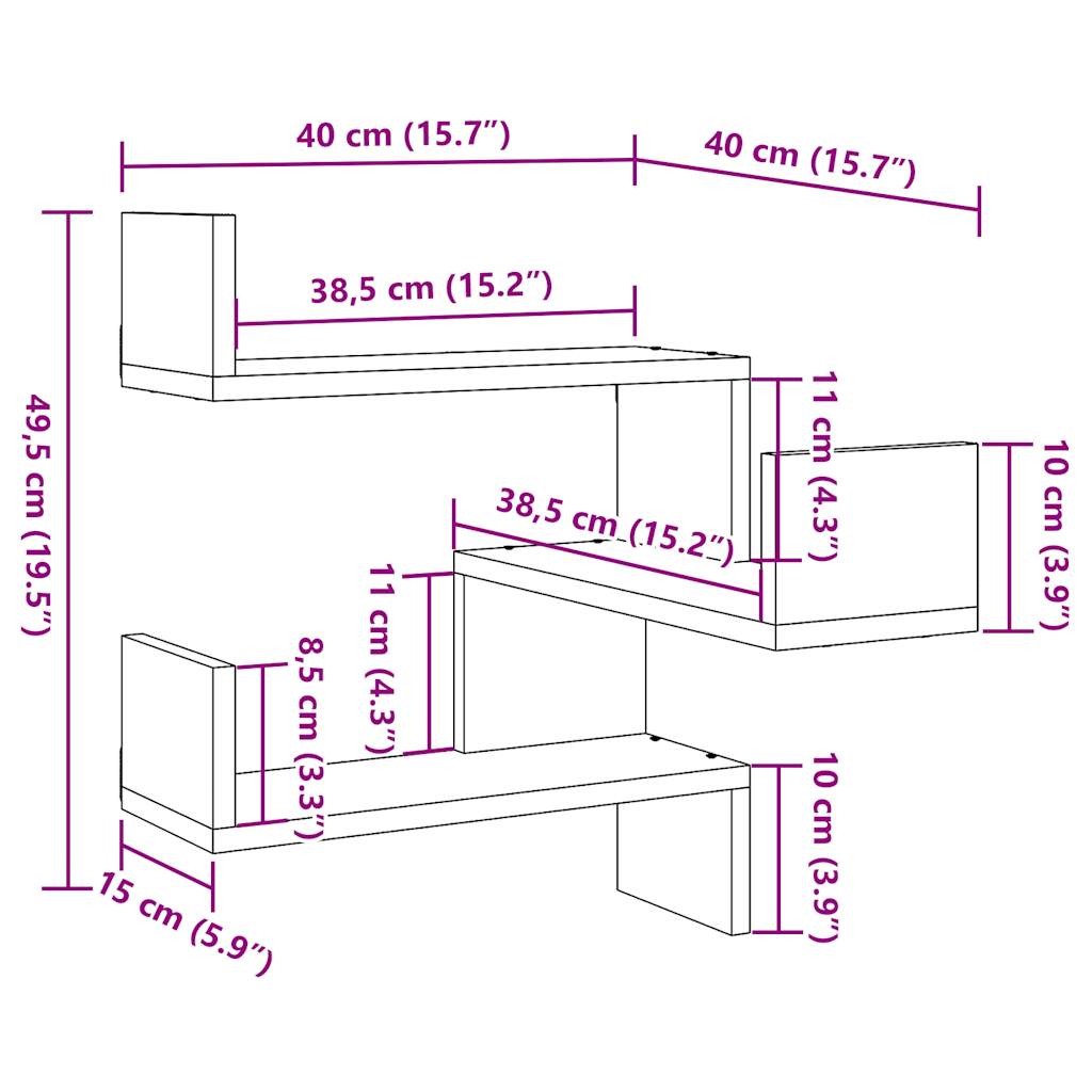 Hoekwandschappen 2 st 40x40x49,5 cm bewerkt hout oud houtkleur