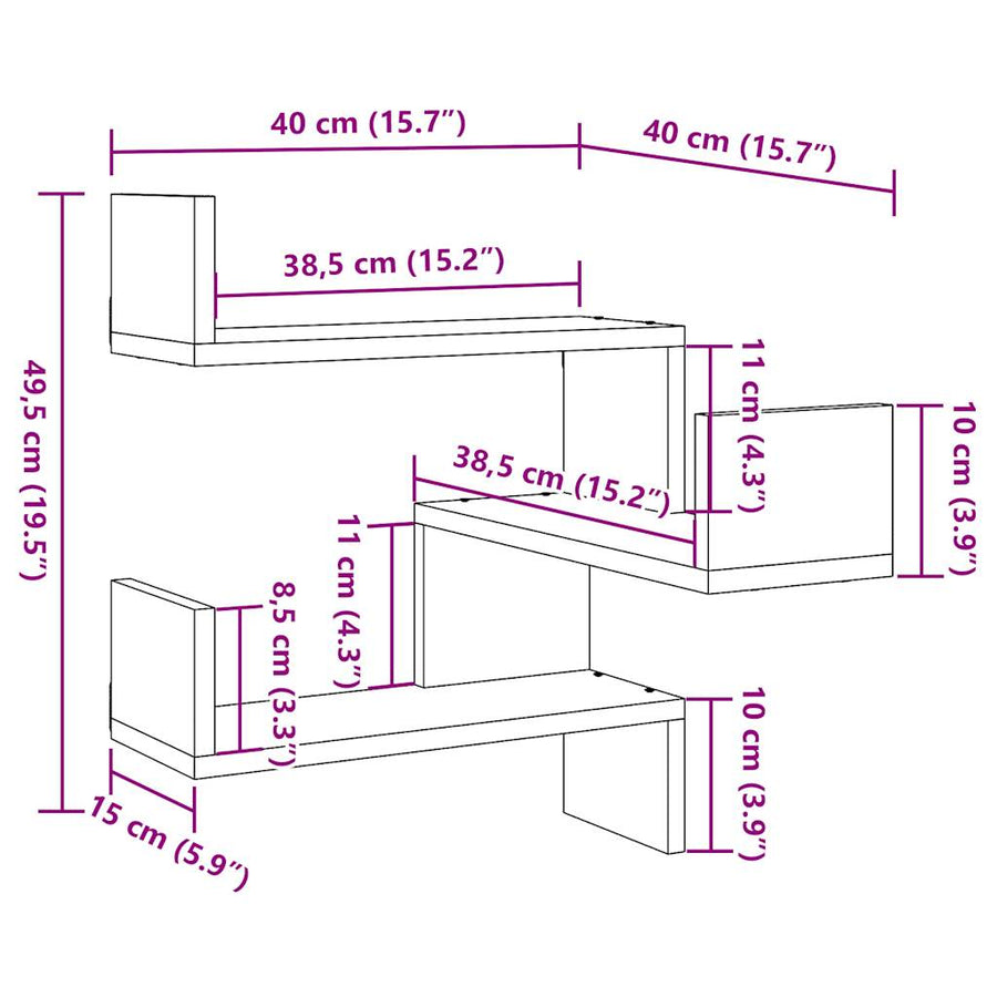 Hoekwandschappen 2 st 40x40x49,5 cm bewerkt hout oud houtkleur