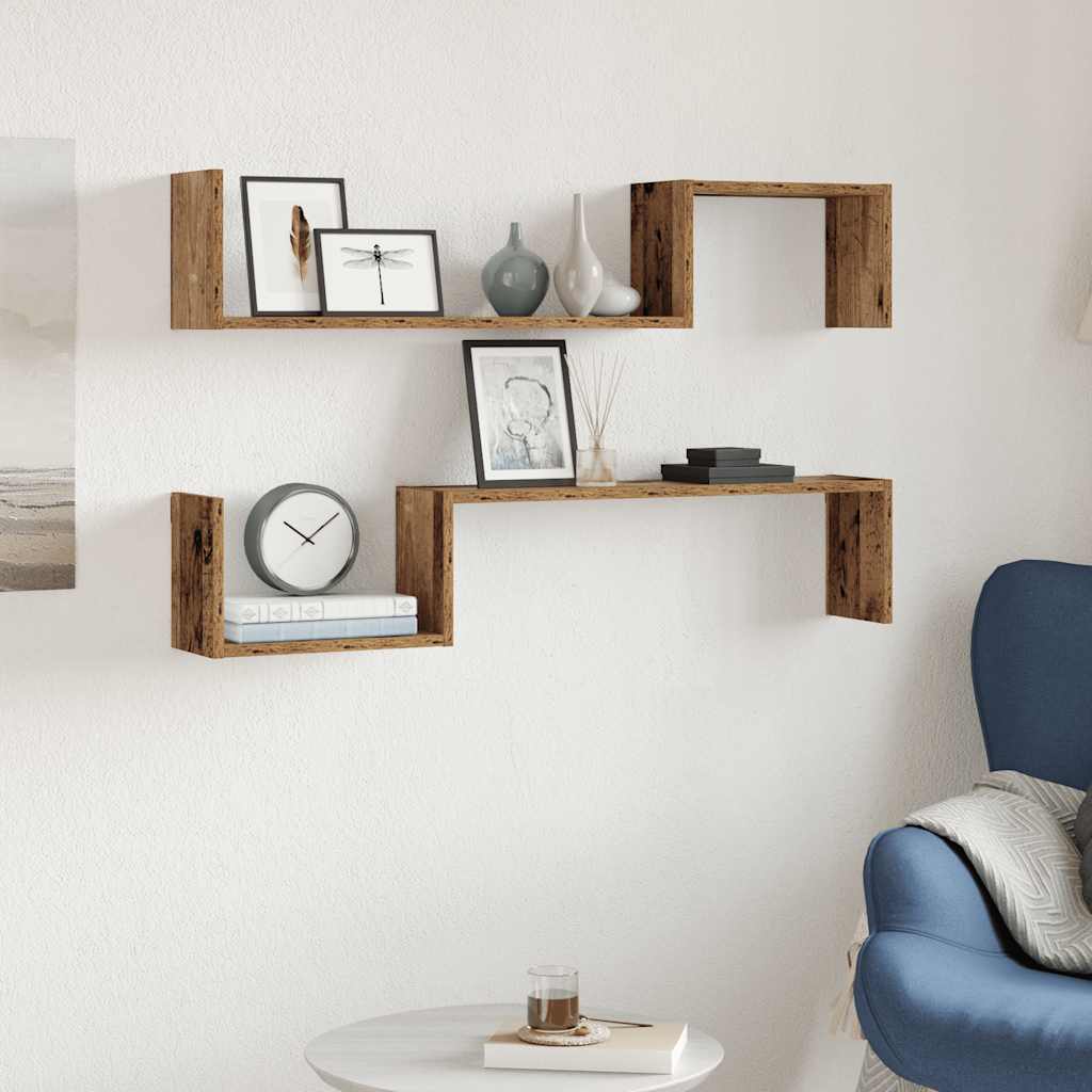 Wandschappen 2 st 100x15x20 cm bewerkt hout oud houtkleurig