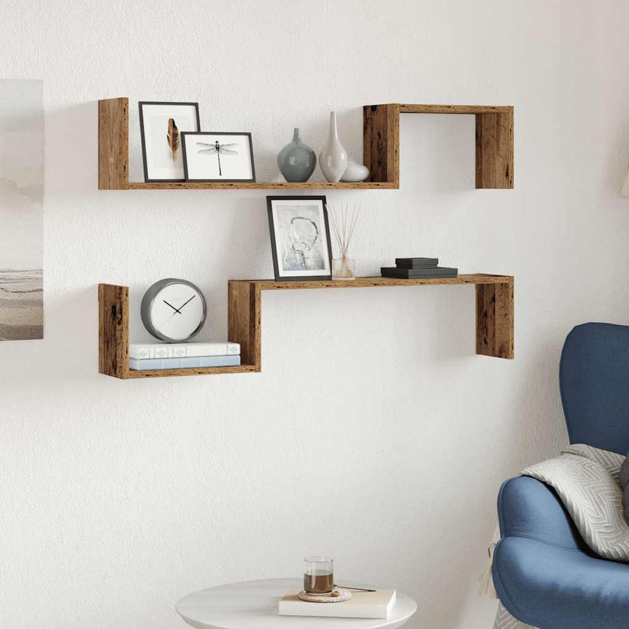 Wandschappen 2 st 100x15x20 cm bewerkt hout oud houtkleurig