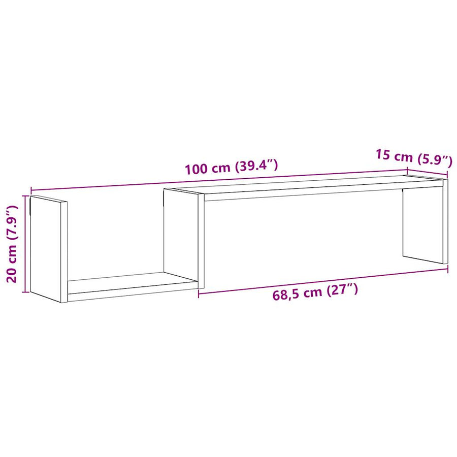 Wandschappen 2 st 100x15x20 cm bewerkt hout oud houtkleurig