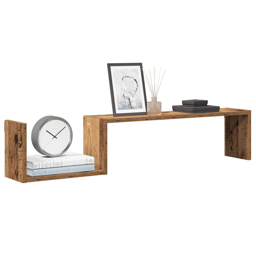 Wandschappen 2 st 100x15x20 cm bewerkt hout oud houtkleurig