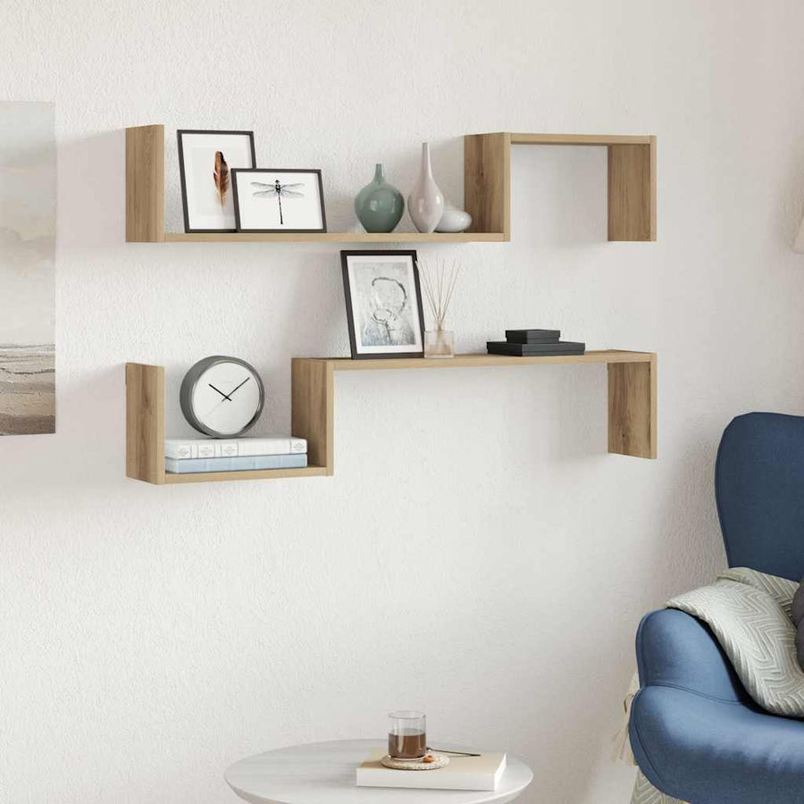 Wandschappen 2 st 100x15x20 cm bewerkt hout artisanaal eiken