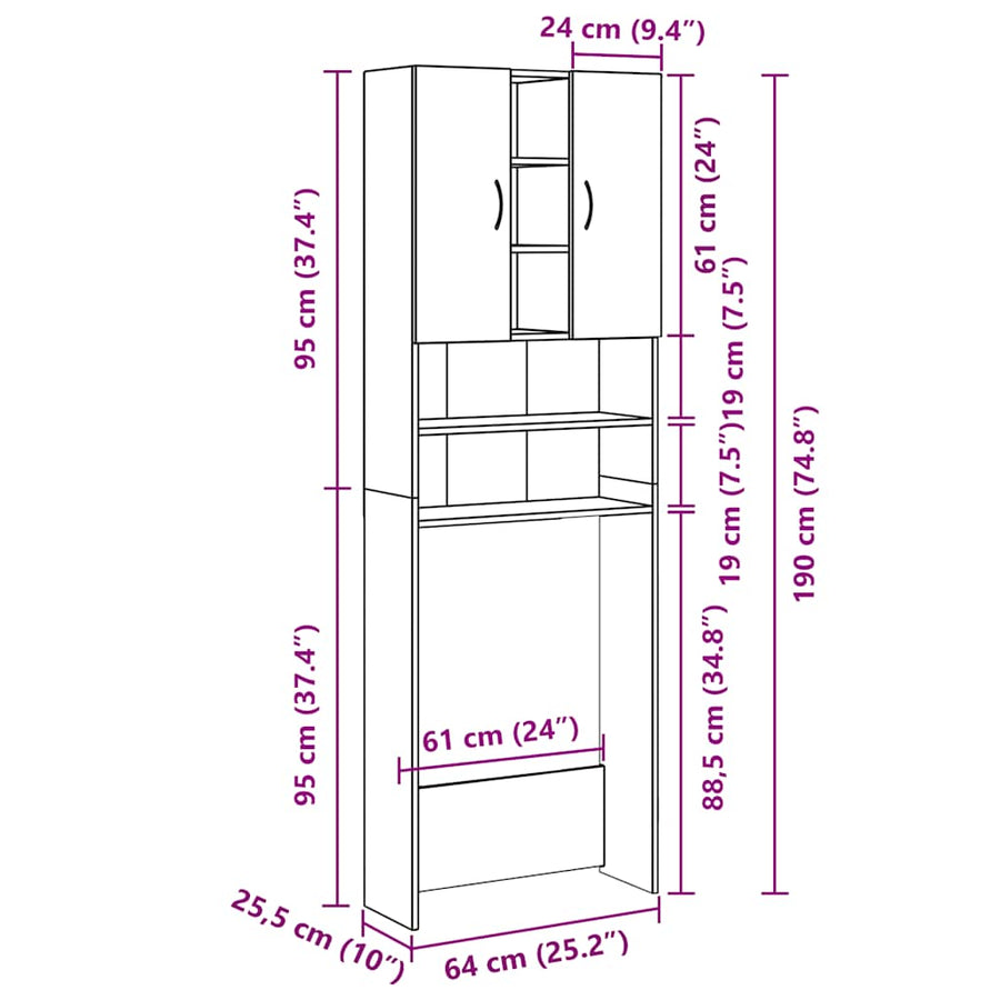 Wasmachinekast 64x25,5x190 cm oud houtkleurig