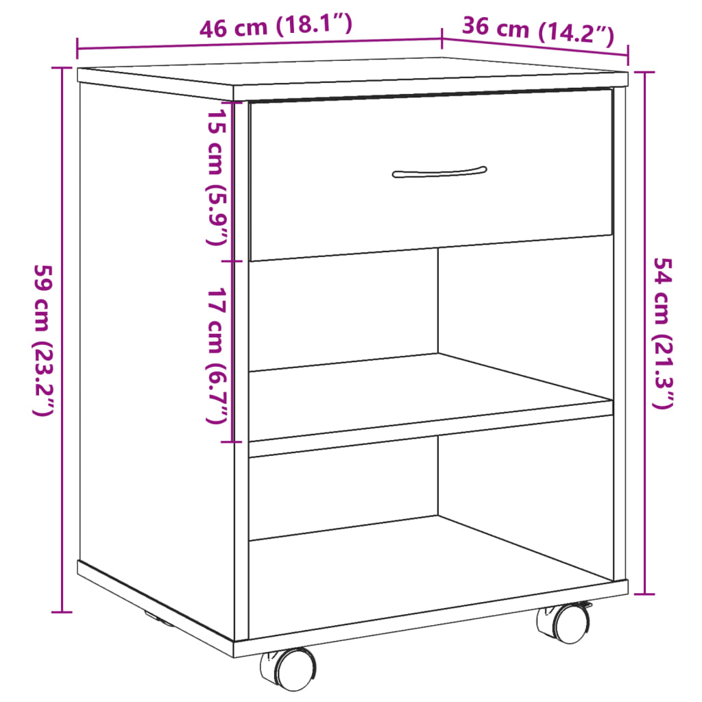 Rolkast 46x36x59 cm bewerkt hout oud houtkleurig