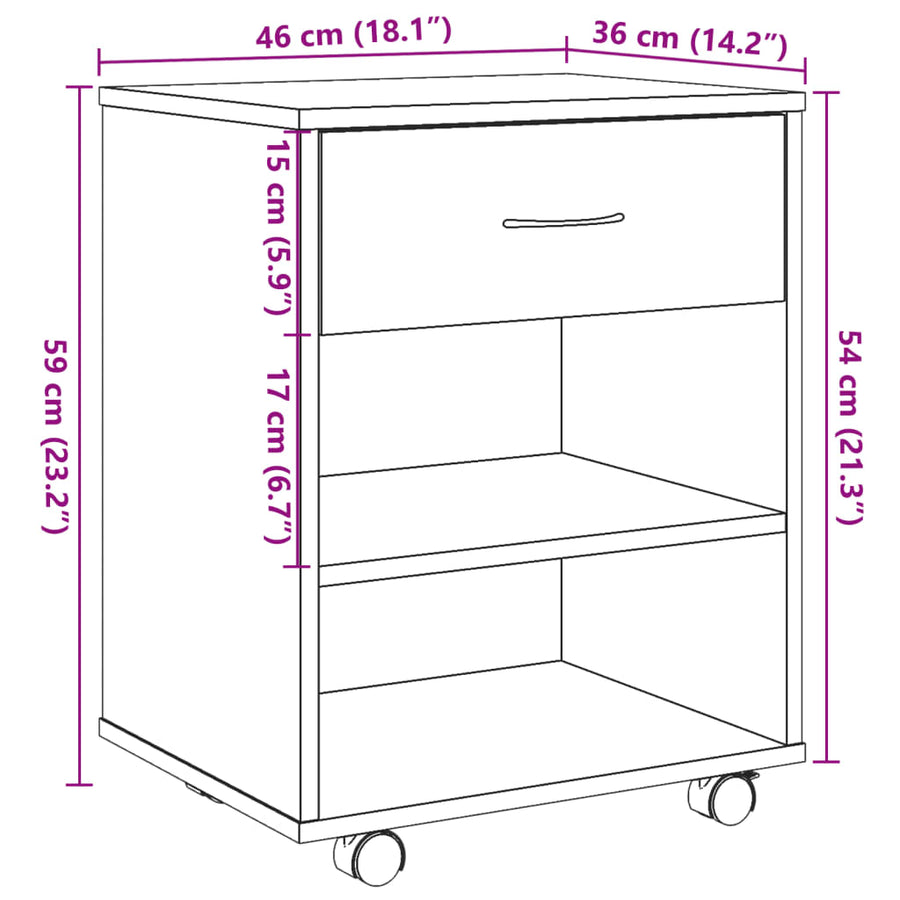 Rolkast 46x36x59 cm bewerkt hout oud houtkleurig