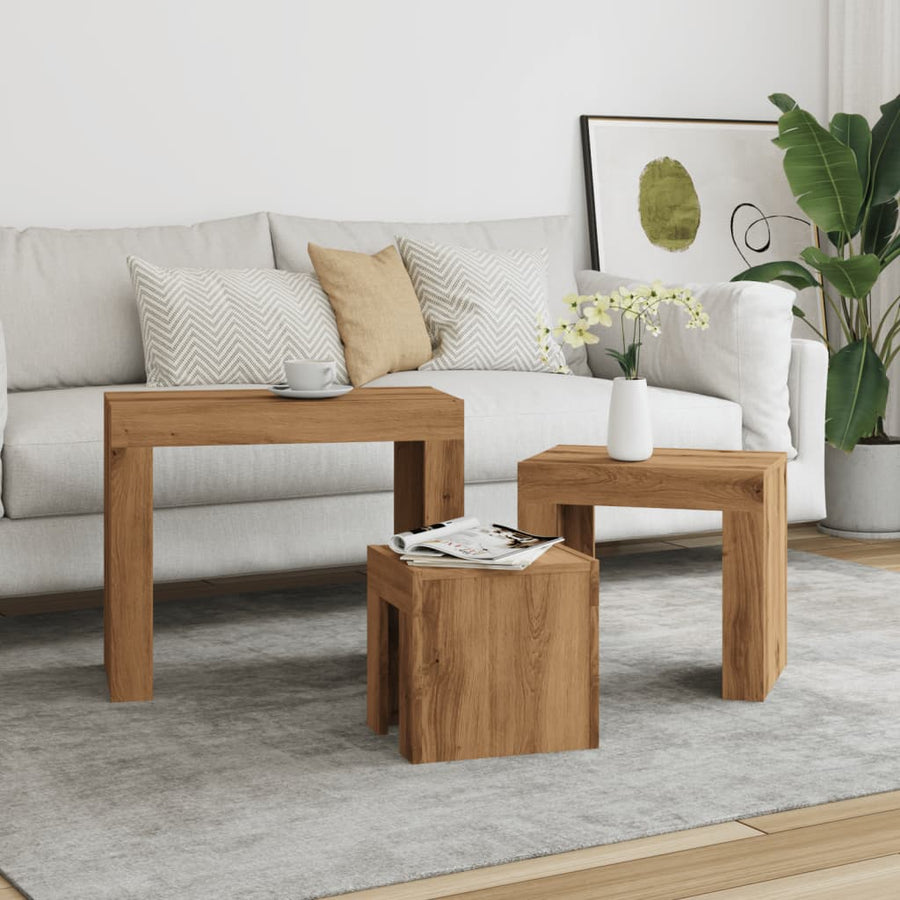 3-Delige Tafeltjesset Bewerkt Hout artisanaal eikenkleurig