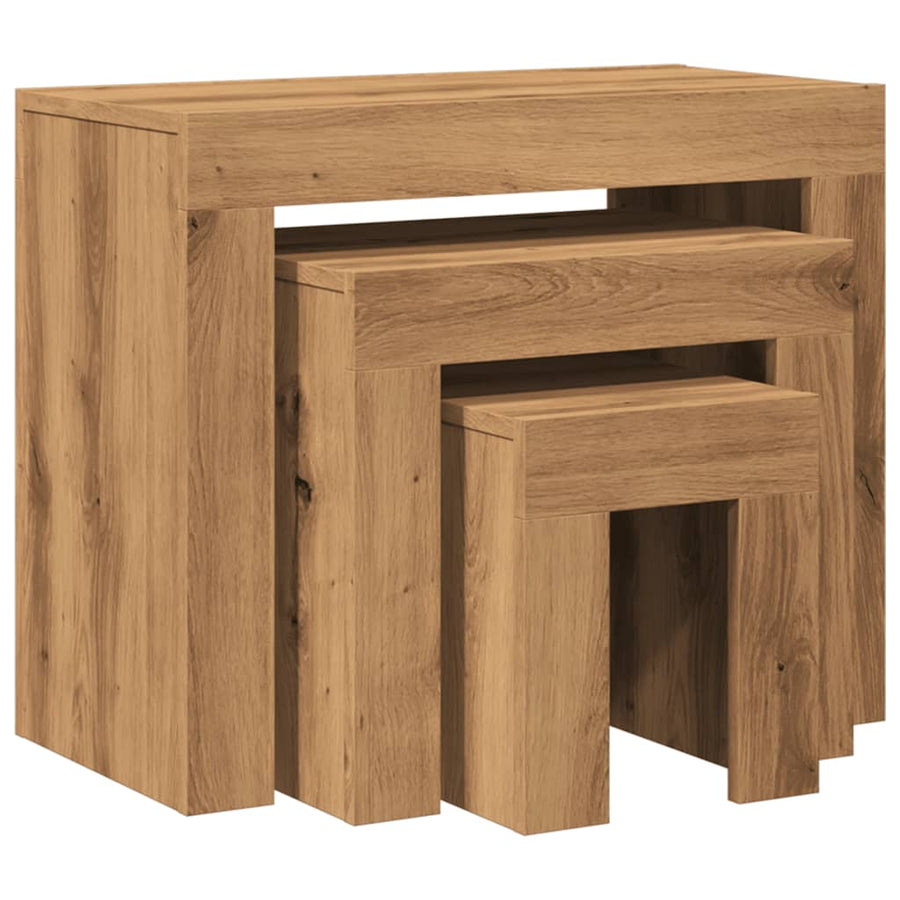 3-Delige Tafeltjesset Bewerkt Hout artisanaal eikenkleurig