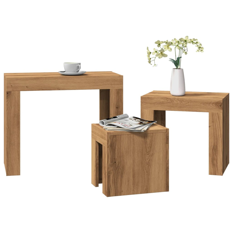 3-Delige Tafeltjesset Bewerkt Hout artisanaal eikenkleurig
