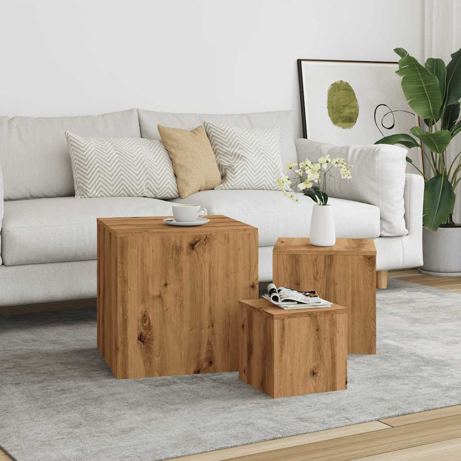 Bijzettafels 3 st bewerkt hout artisanaal eikenkleur