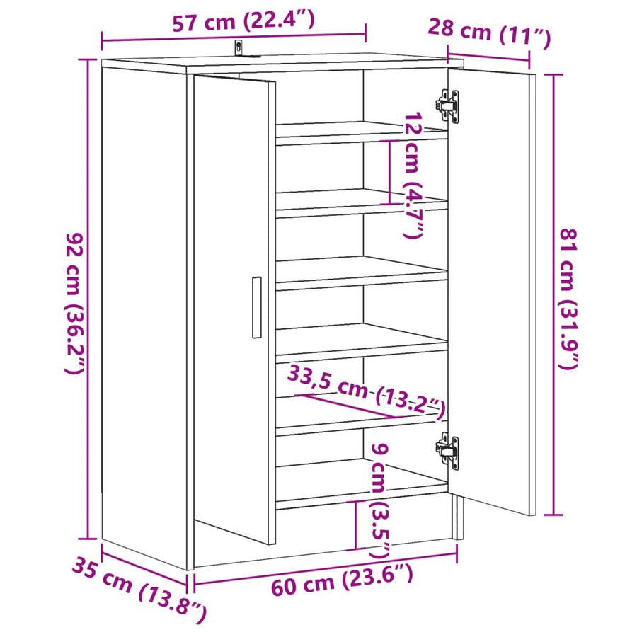 Schoenenkast 60x35x92 cm bewerkt hout artisanaal eikenkleur