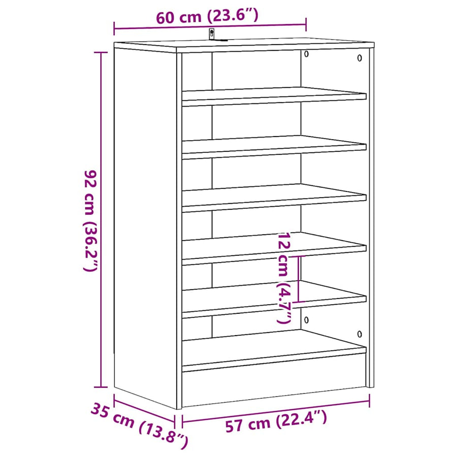 Schoenenkast 60x35x92 cm bewerkt hout oud houtkleurig