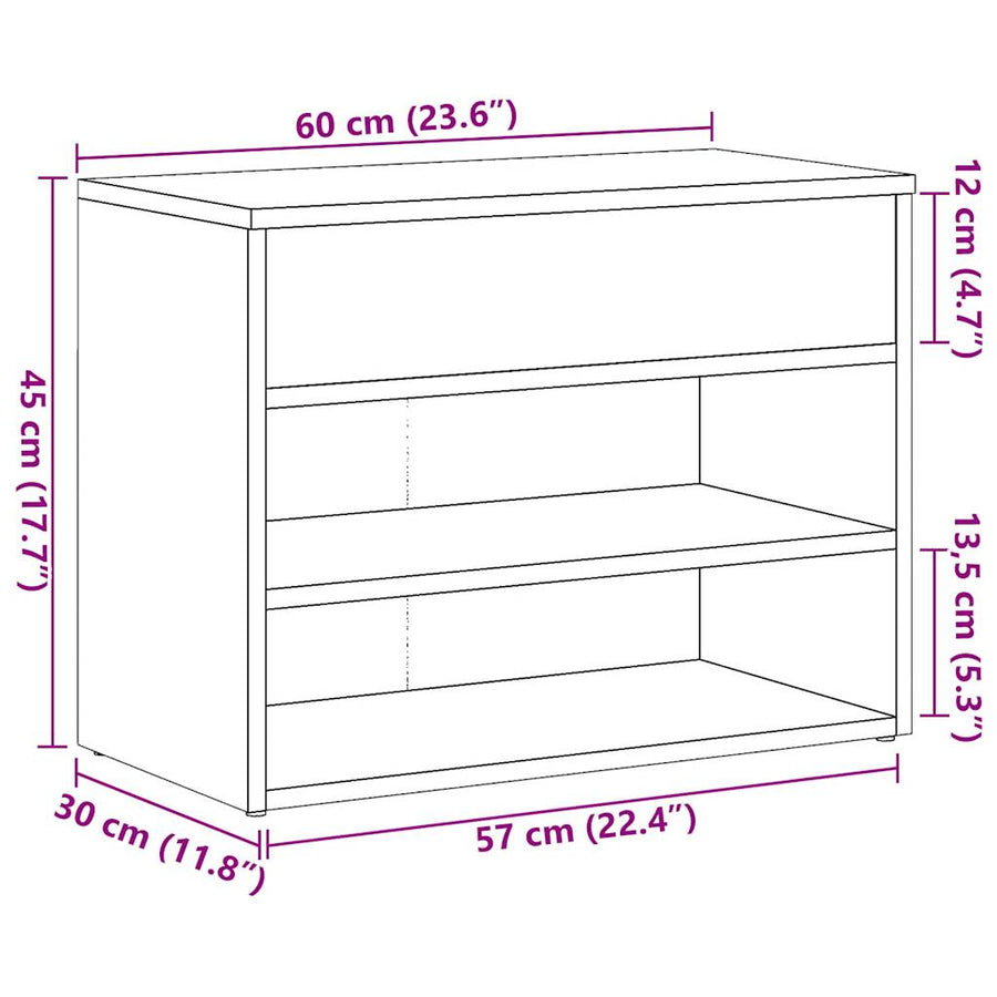 Schoenenbank 60x30x45 cm bewerkt hout oud houtkleurig