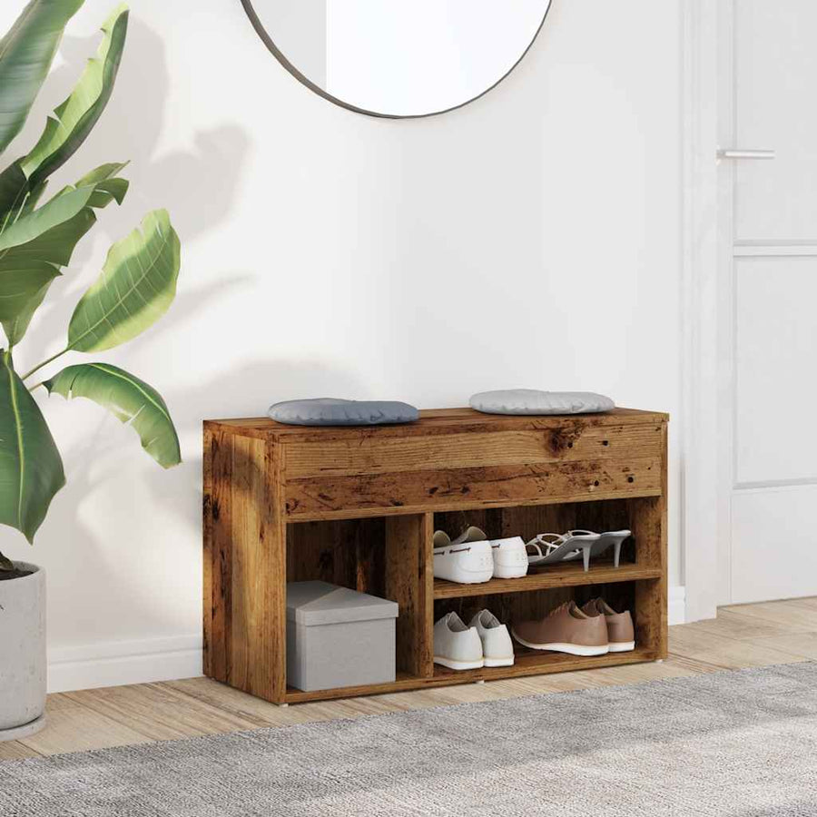 Schoenenbank 80x30x45 cm bewerkt hout oud houtkleurig