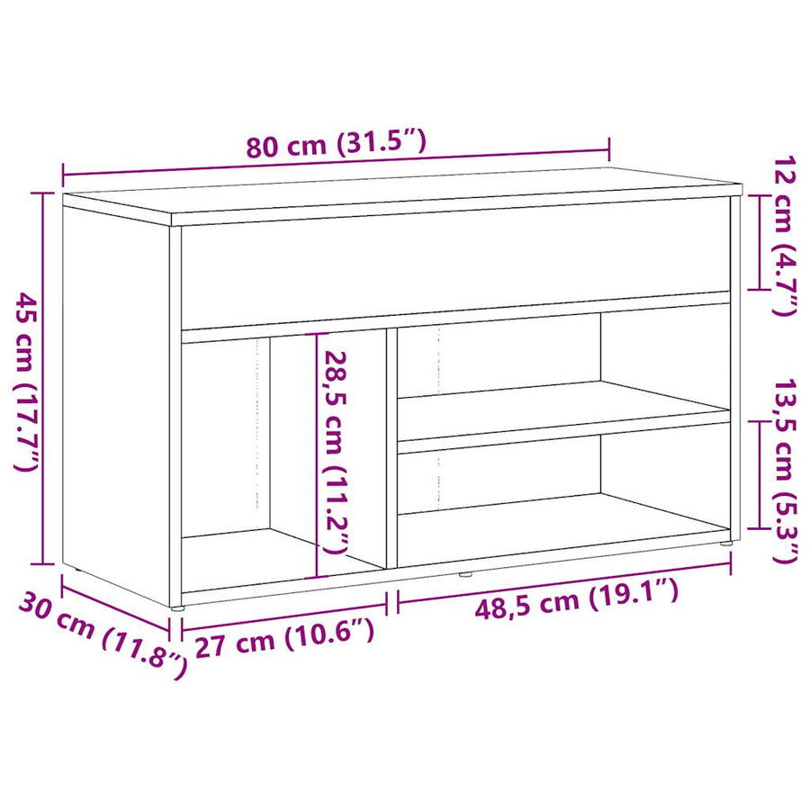 Schoenenbank 80x30x45 cm bewerkt hout oud houtkleurig