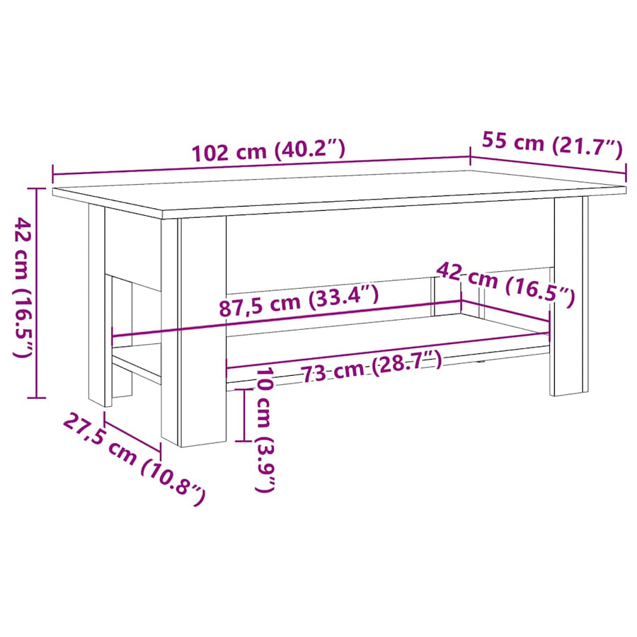 Salontafel 102x55x42 cm bewerkt hout oud houtkleurig
