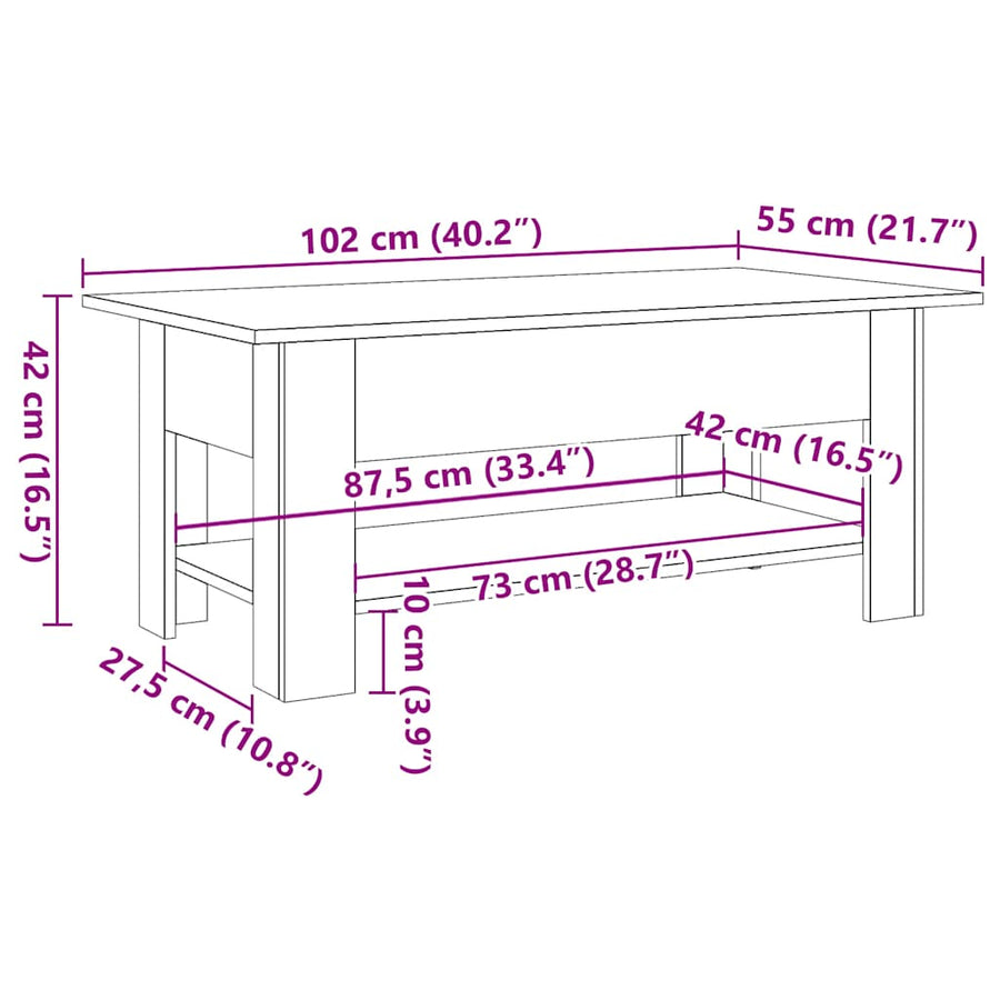 Salontafel 102x55x42 cm bewerkt hout artisanaal eikenkleur