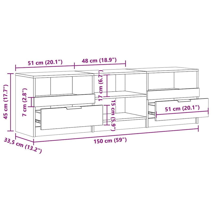 Tv-meubel 150x33,5x45 cm bewerkt hout oud houtkleurig