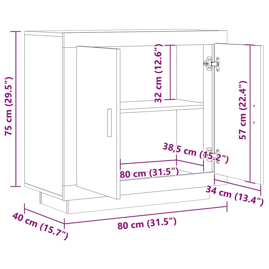 Dressoir 80x40x75 cm bewerkt hout artisanaal eikenkleur