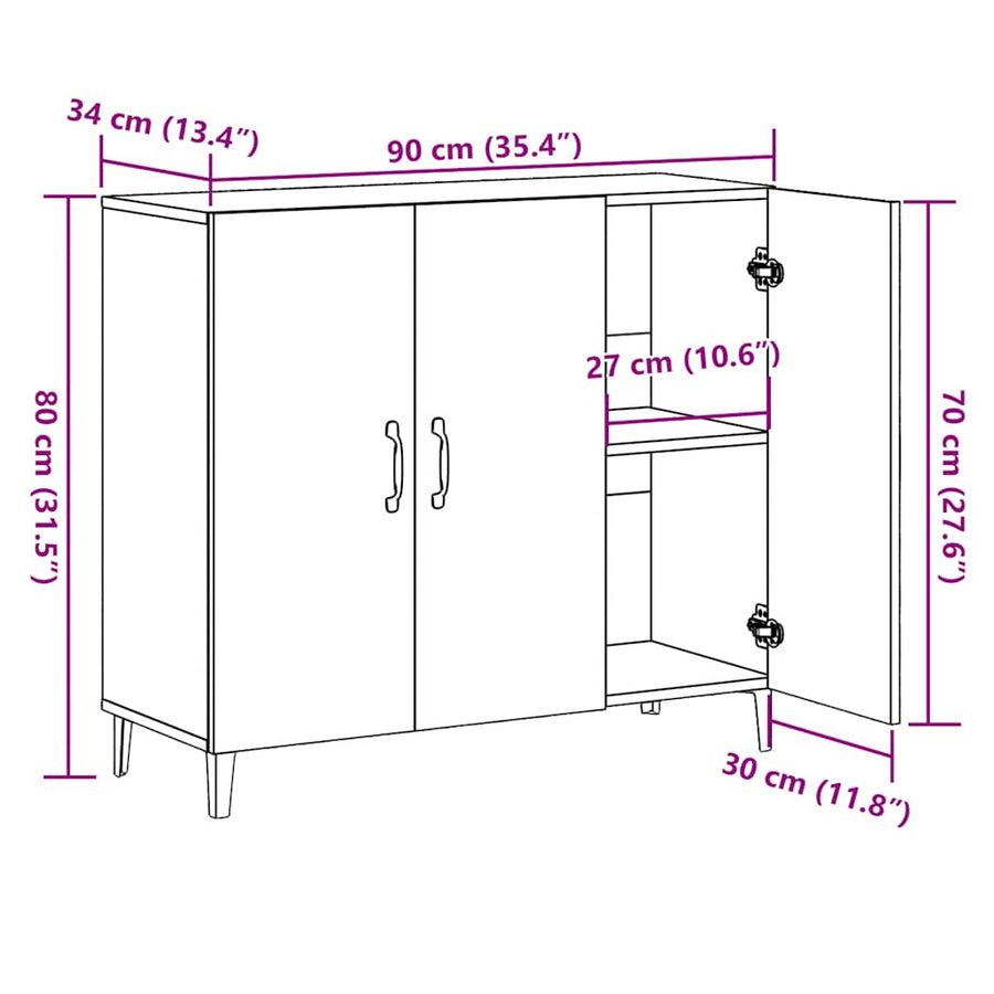 Dressoir 90x34x80 cm bewerkt hout oud houtkleurig