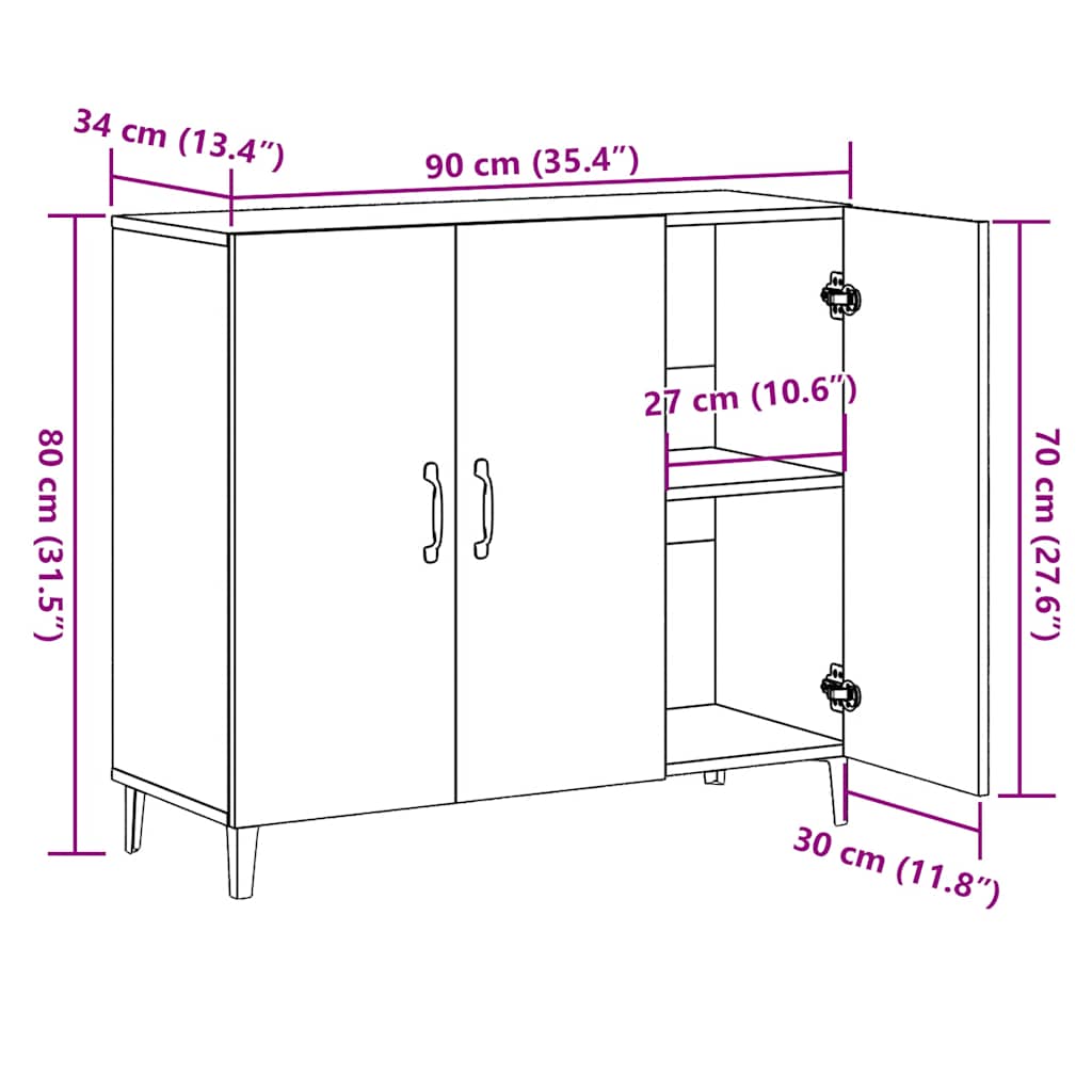 Dressoir 90x34x80 cm bewerkt hout artisanaal eikenkleur