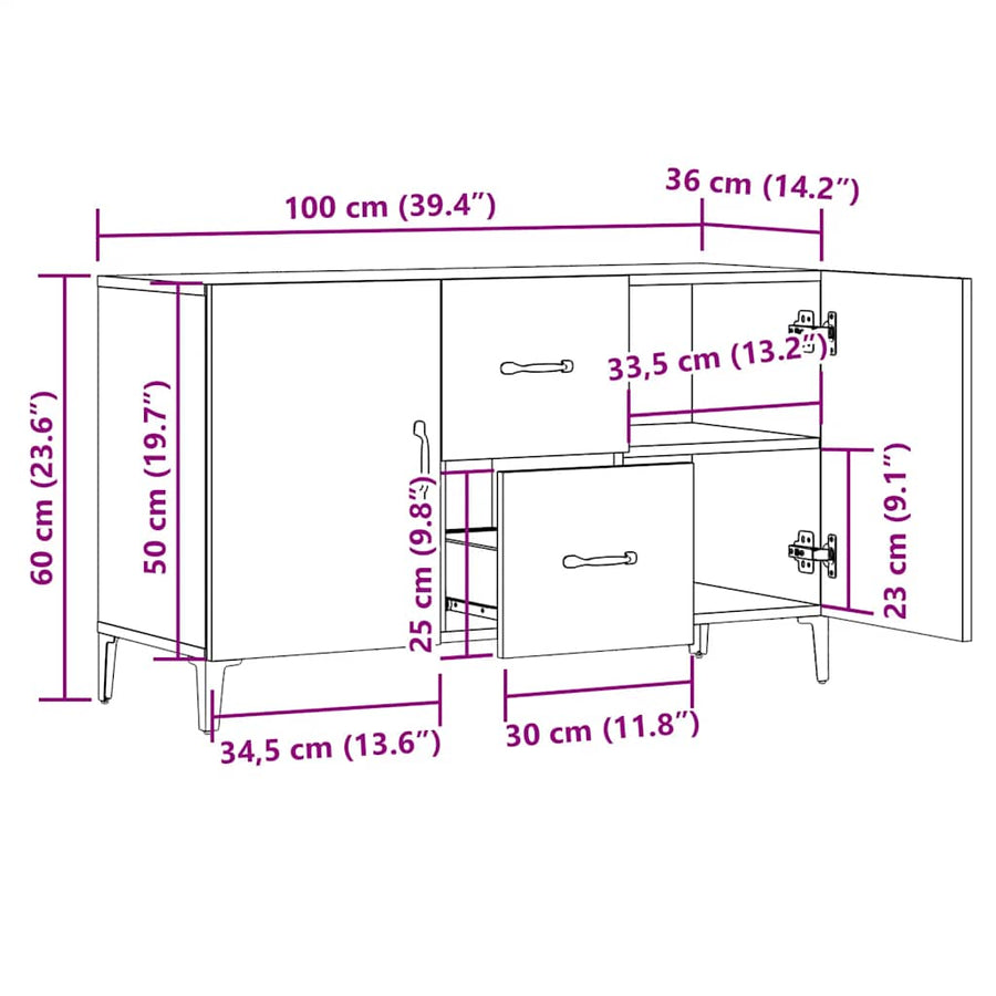 Dressoir 100x36x60 cm bewerkt hout artisanaal eikenkleurig