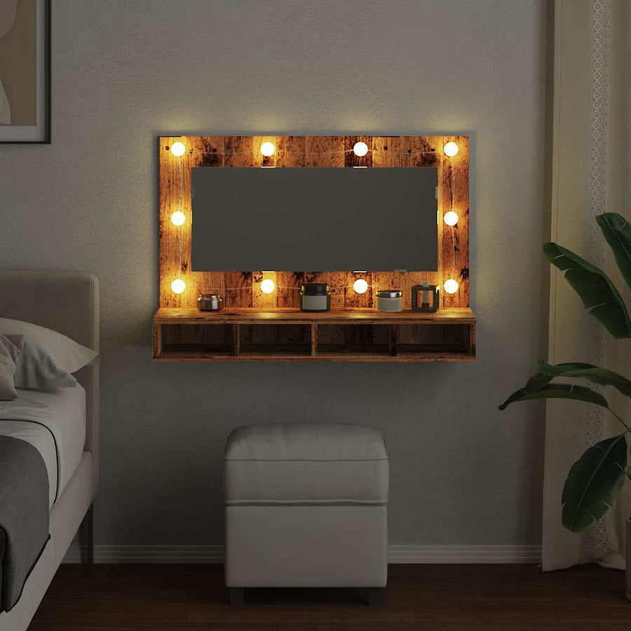 Spiegelkast met LED-verlichting 90x31,5x62 cm oud houtkleurig