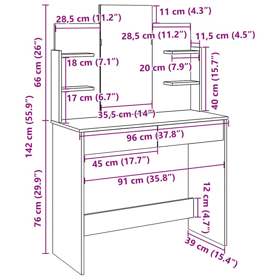 Kaptafel met spiegel 96x39x142 cm oud houtkleurig