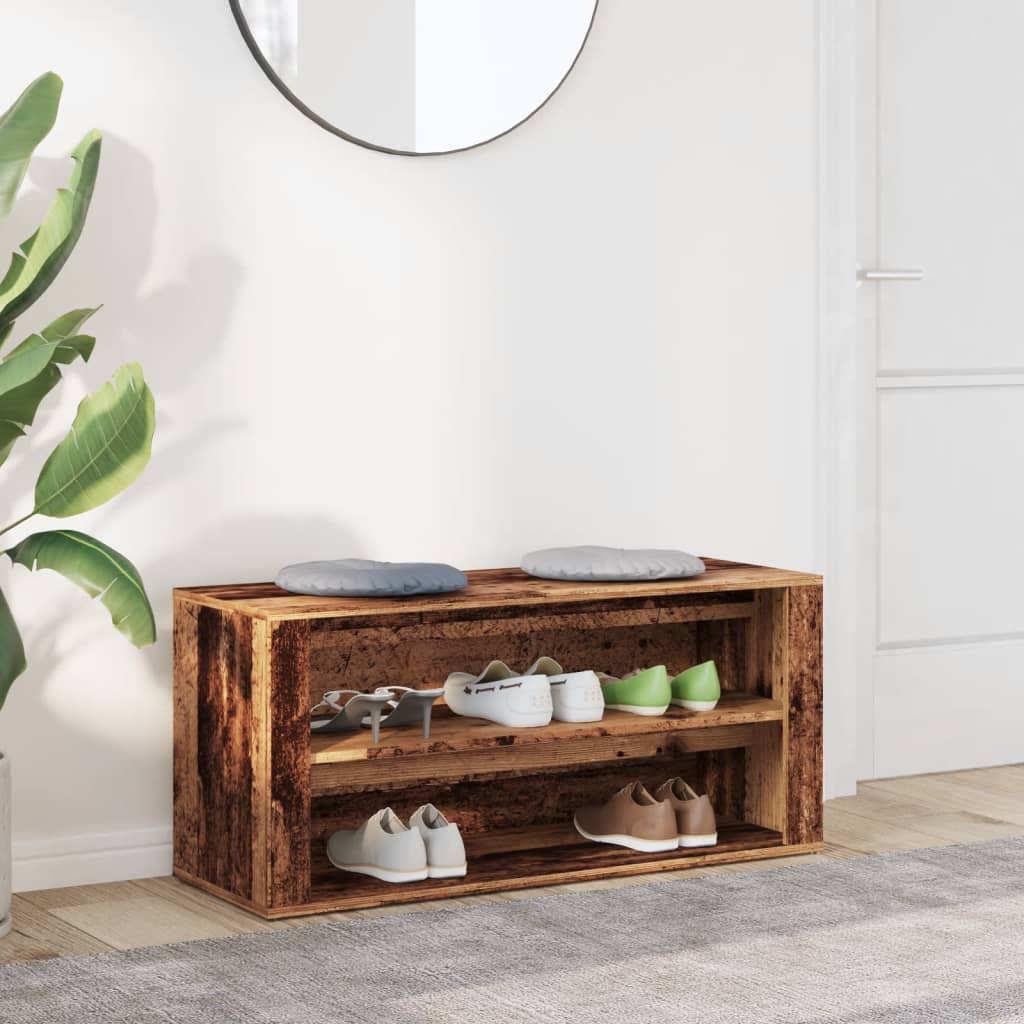 Schoenenbank 100x35x45 cm bewerkt hout oud houtkleurig