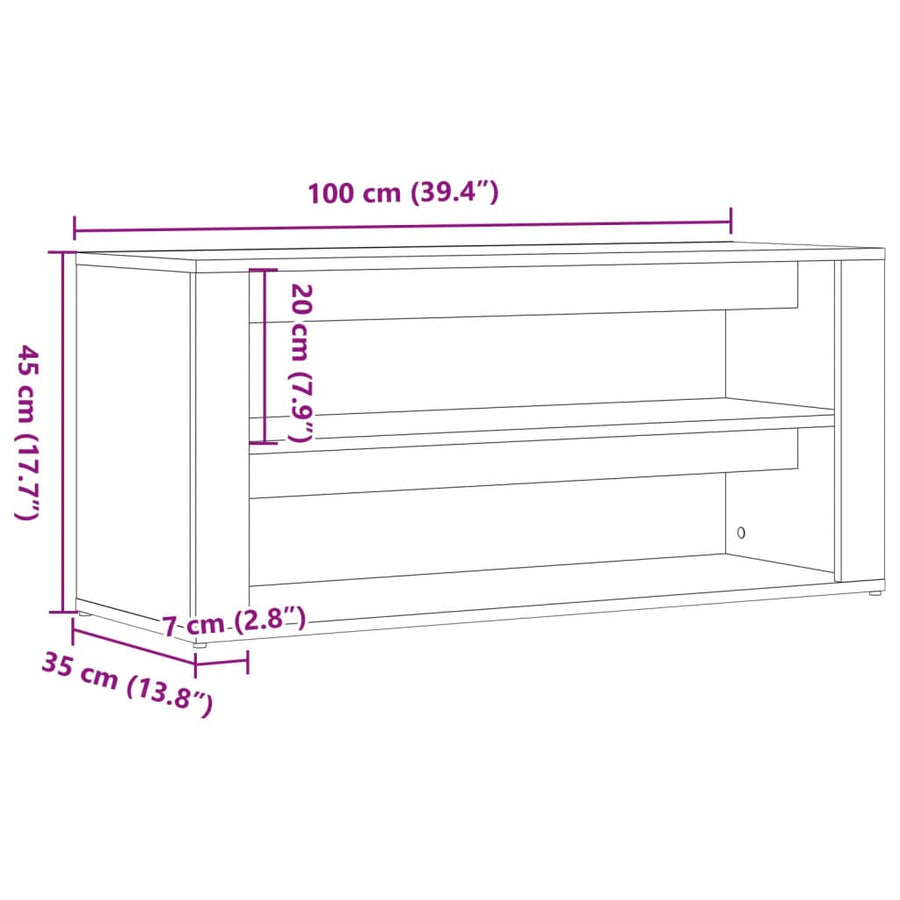 Schoenenbank 100x35x45 cm bewerkt hout oud houtkleurig