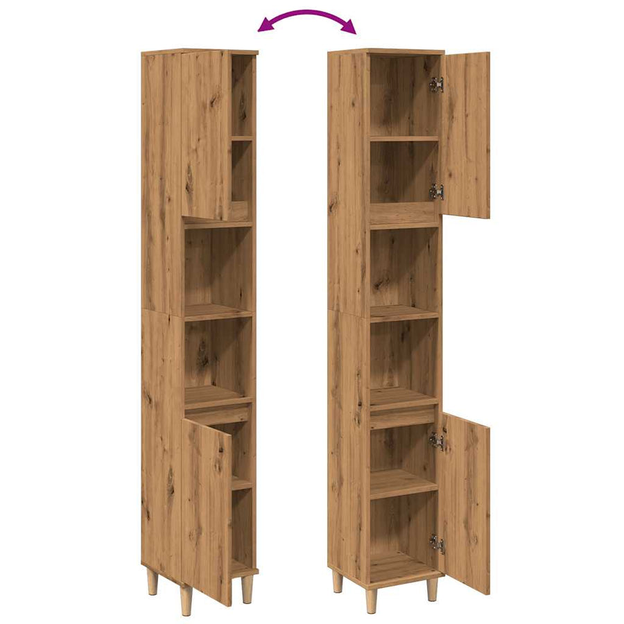 Badkamerkast 30x30x190 cm bewerkt hout artisanaal eikenkleurig