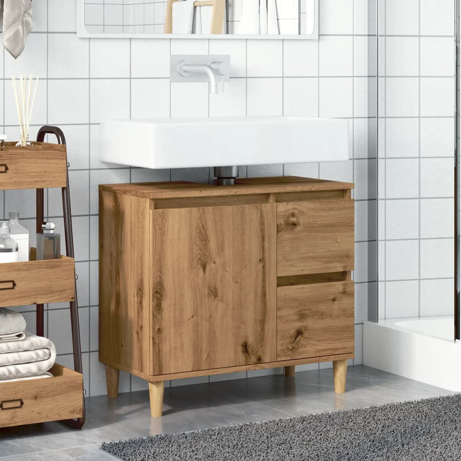 Wastafelkast 65x33x60 cm bewerkt hout artisanaal eikenkleurig