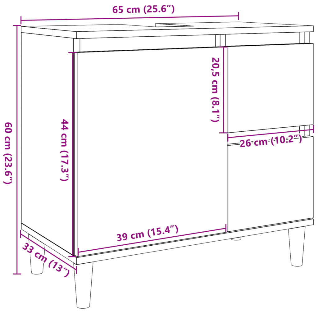 Wastafelkast 65x33x60 cm bewerkt hout artisanaal eikenkleurig