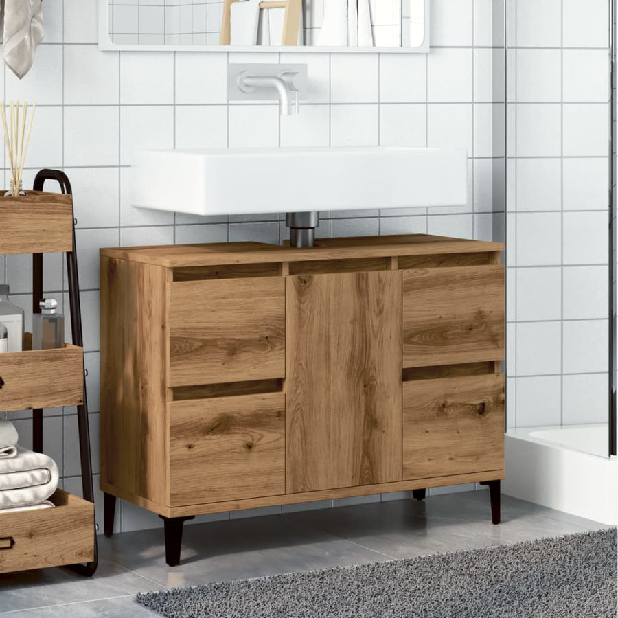 Wastafelkast 80x33x60 cm bewerkt hout artisanaal eikenkleur