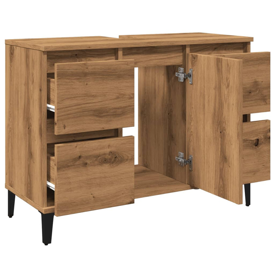 Wastafelkast 80x33x60 cm bewerkt hout artisanaal eikenkleur