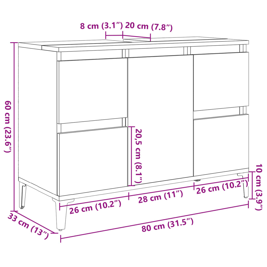 Wastafelkast 80x33x60 cm bewerkt hout artisanaal eikenkleur