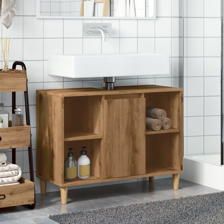 Badkamerkast 80x33x60 cm bewerkt hout artisanaal eikenkleur